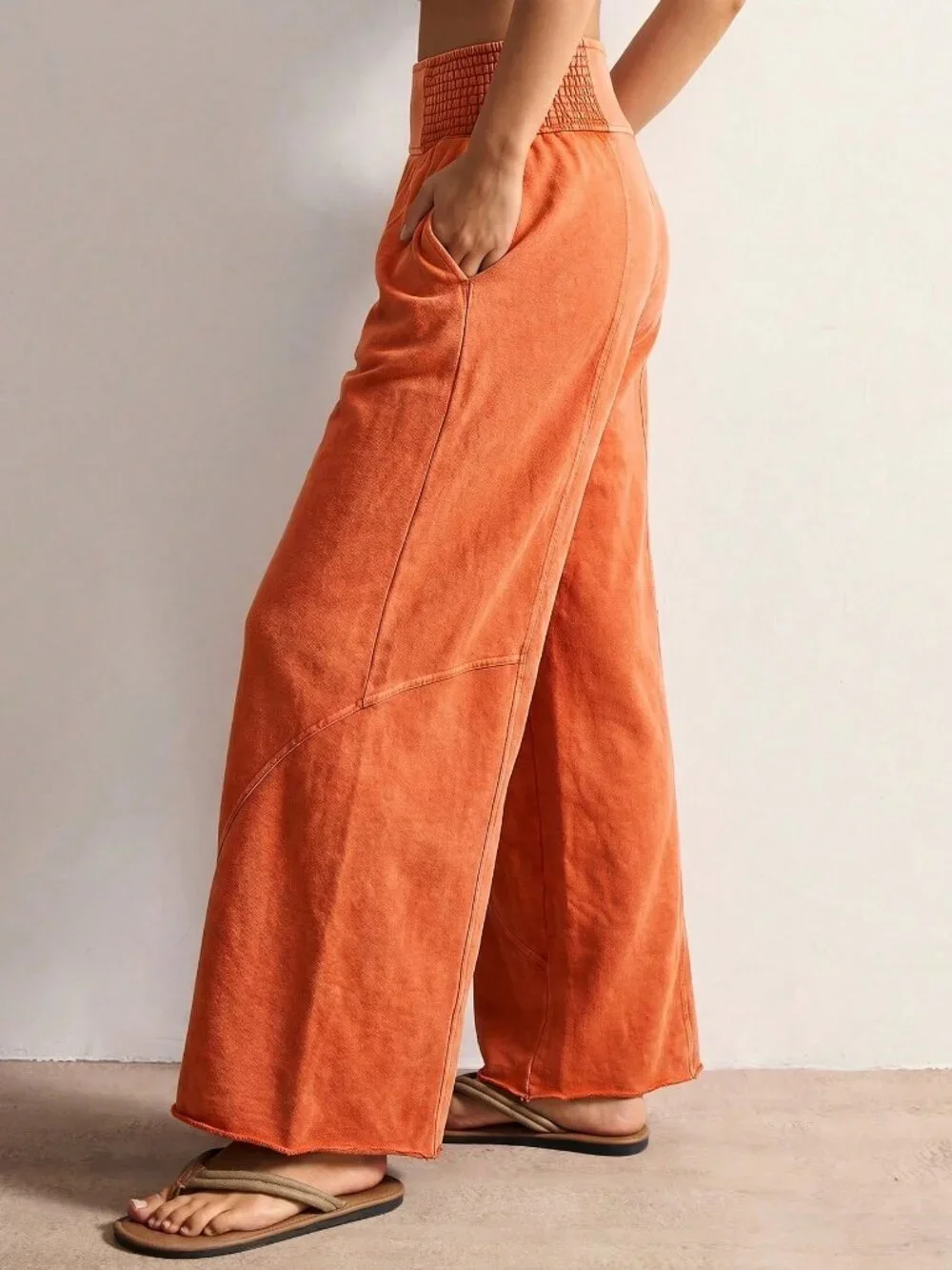 Orange Casual Women's Boho Knit Loose Wide Leg Washed Long Pants